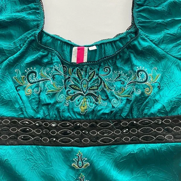 Boho Teal Embroidered Gemstone Waist Empire Top Small - Picture 2 of 6